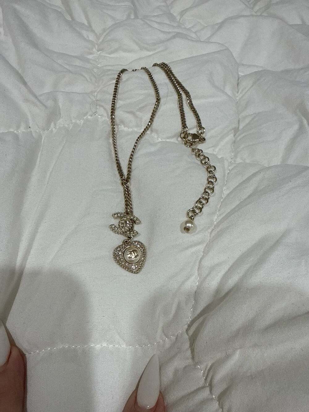 Chanel CC Logo Heart Crystal Pearl Pendant Gold-Tone Necklace